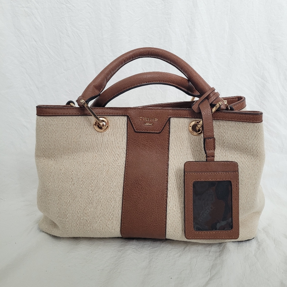 Dune London Brown and Cream Canvas Satchel with Leather Accents